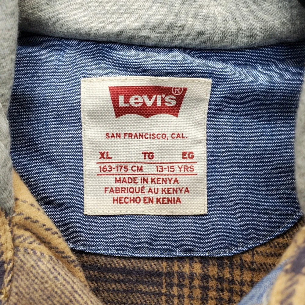 Levi's Flannel Shirt Jacket Boys XL Multi Plaid Hooded Long Sleeve Button Front